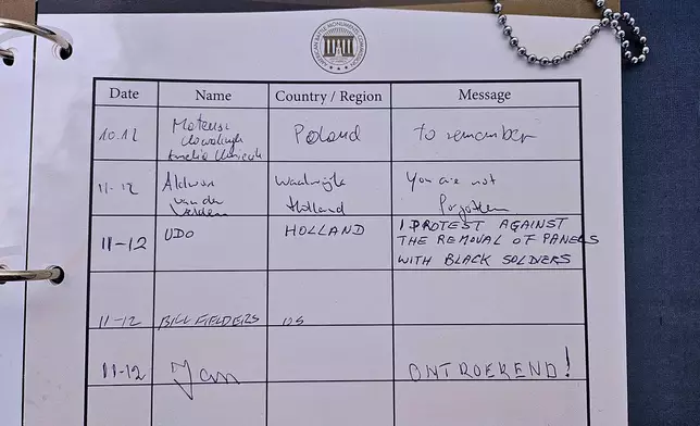 ***HOLD FOR STORY BY MOLLY QUELL SLUGGED NETHERLANDS BLACK LIBERATORS*** The guestbook at the American Cemetery in the village of Margraten, Netherlands, Thursday, Dec. 11, 2025, shows a message with an objection to the removal of two displays honoring Black soldiers who helped liberate Europe from the Nazis. (AP Photo/Molly Quell)