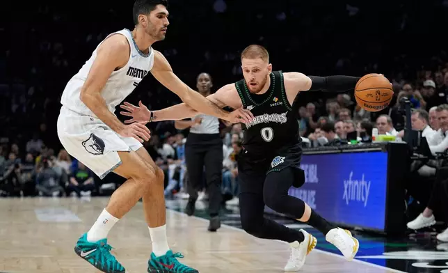Minnesota Timberwolves guard Donte Divincenzo (0) works toward the basket as Memphis Grizzlies forward Santi Aldama (7) defends during the first half of an NBA basketball game, Wednesday, Dec. 17, 2025, in Minneapolis. (AP Photo/Abbie Parr)