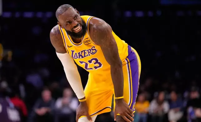 Los Angeles Lakers forward LeBron James talks to a referee during the first half of an NBA basketball game against the Phoenix Suns, Monday, Dec. 1, 2025, in Los Angeles. (AP Photo/Mark J. Terrill)