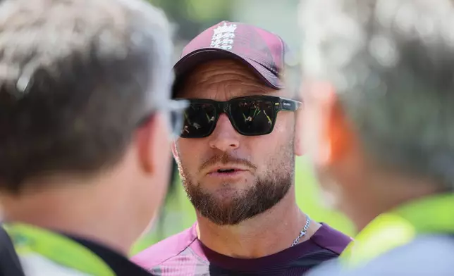 England head coach Brendon McCullum talks to the media after Australia won the third Ashes Test against England in Adelaide, Australia, Sunday, Dec. 21, 2025. (AP Photo/James Elsby)