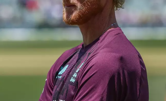England's Ben Stokes attends the presentation after losing the third Ashes Test against Australia in Adelaide, Australia, Sunday, Dec. 21, 2025. (AP Photo/James Elsby)