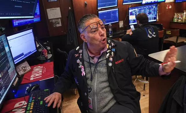 Trader Jonathan Mueller works on the floor of the New York Stock Exchange, Thursday, Dec. 11, 2025. (AP Photo/Richard Drew)