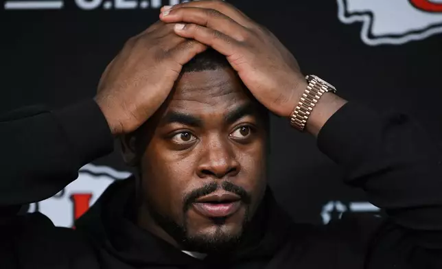 Kansas City Chiefs defensive tackle Chris Jones speaks to the media after an NFL football game against the Tennessee Titans, Sunday, Dec. 21, 2025, in Nashville, Tenn. (AP Photo/John Amis)