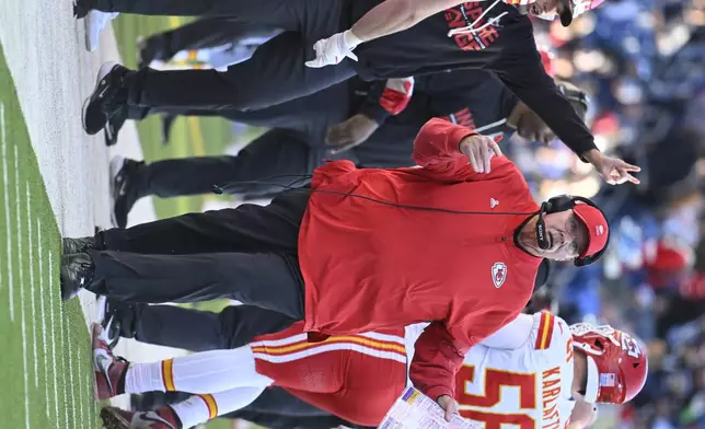 Kansas City Chiefs head coach Andy Reid watches during the second half of an NFL football game against the Tennessee Titans, Sunday, Dec. 21, 2025, in Nashville, Tenn. (AP Photo/John Amis)
