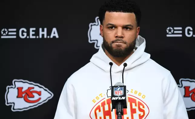 Kansas City Chiefs quarterback Chris Oladokun speaks to the media after an NFL football game against the Tennessee Titans, Sunday, Dec. 21, 2025, in Nashville, Tenn. (AP Photo/John Amis)
