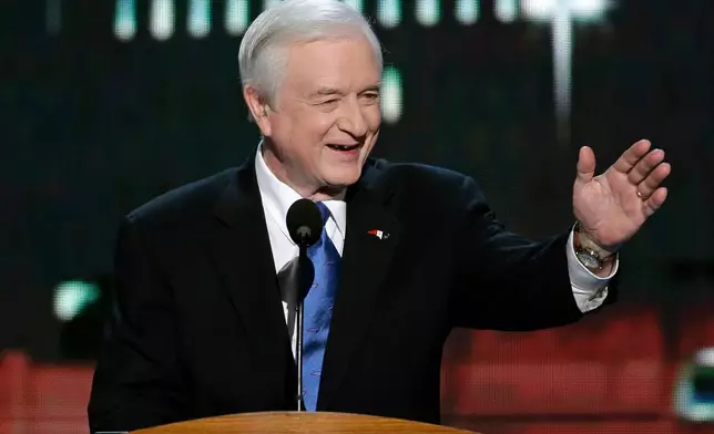 FILE- Former North Carolina Gov. Jim Hunt speaks at the Democratic National Convention, Sept. 5, 2012, in Charlotte, N.C. (AP Photo/J. Scott Applewhite, File)