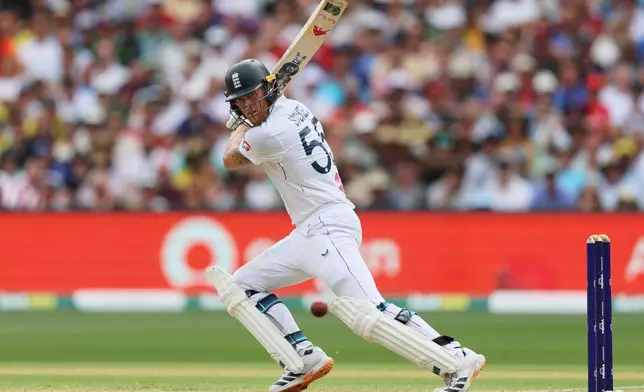 England's Ben Stokes bats during play on day three of the third Ashes cricket test between England and Australia in Adelaide, Australia, Friday, Dec. 19, 2025. (AP Photo/James Elsby)