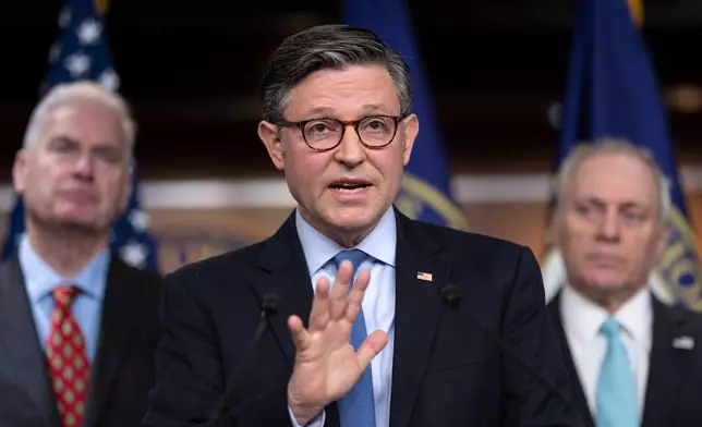 Speaker of the House Mike Johnson, R-La., meets with reporters as Republicans struggle with a plan to address growing health care costs, at the Capitol in Washington, Tuesday, Dec. 16, 2025. (AP Photo/J. Scott Applewhite)