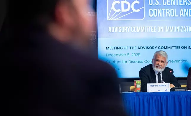 Dr. Robert Malone chairs a meeting of the CDC Advisory Committee on Immunization Practices in Atlanta on Friday, Dec. 5, 2025 to consider changes in hepatitis B vaccine recommendations for infants. (AP Photo/Ben Gray)