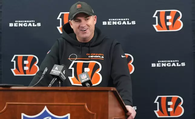 Cincinnati Bengals head coach Zac Taylor speaks during a news conference after an NFL football game against the Baltimore Ravens, Friday, Nov. 28, 2025, in Baltimore. (AP Photo/Stephanie Scarbrough)