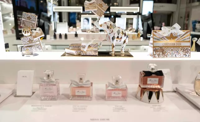 Cosmetics products by Dior are displayed at Macy's flagship store, Friday, Nov. 21, 2025, in New York. (AP Photo/Yuki Iwamura)