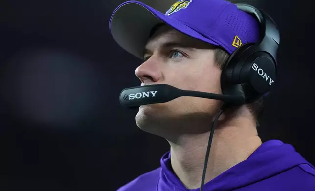 Minnesota Vikings head coach Kevin O'Connell looks on during the first half of an NFL football game against the Dallas Cowboys Sunday, Dec. 14, 2025, in Arlington, Texas. (AP Photo/Julio Cortez)