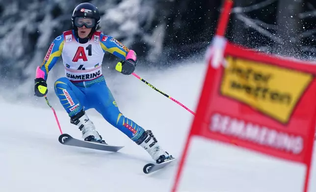 Sweden's Sara Hector competes during an alpine ski, women's World Cup giant slalom, in Semmering, Austria, Saturday, Dec. 27, 2025. (AP Photo/Pier Marco Tacca)