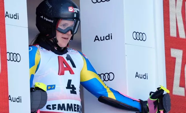 Sweden's Sara Hector starts an alpine ski, women's World Cup giant slalom, in Semmering, Austria, Saturday, Dec. 27, 2025. (AP Photo/Giovanni Auletta)