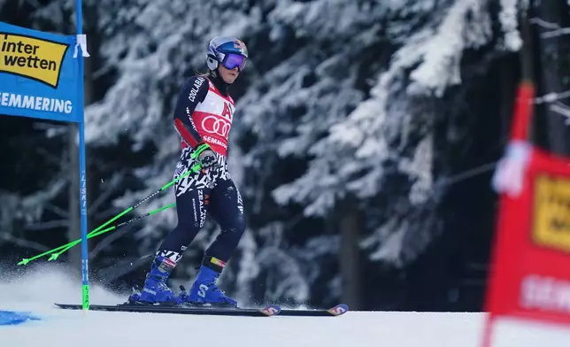 New Zealand's Alice Robinson reacts after skiing off course during an alpine ski, women's World Cup giant slalom, in Semmering, Austria, Saturday, Dec. 27, 2025. (AP Photo/Pier Marco Tacca)