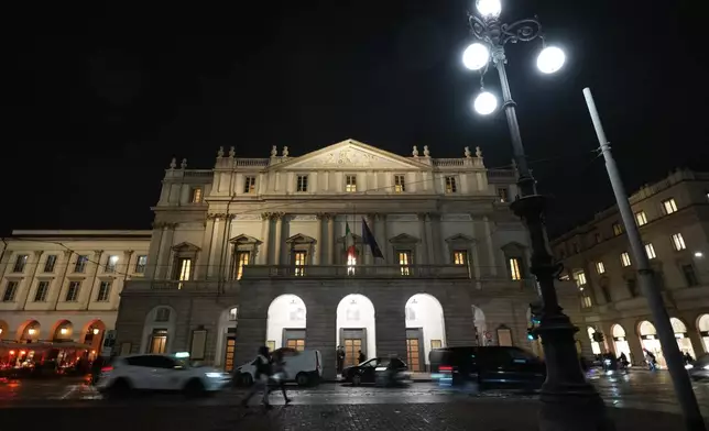 External view of Teatro all Scala ahead of the dress rehearsal of Dmitri Shostakovich's Lady Macbeth of the Mtsensk District in Milan, Italy, Thursday, Dec. 4, 2025. (AP Photo/Antonio Calanni)