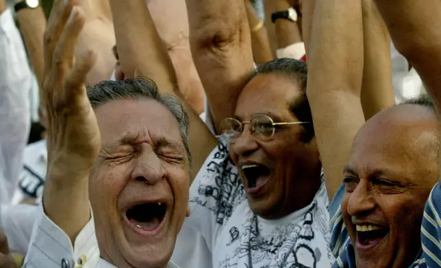 FILE - Members of laughter clubs participate in a laughter competition for the elderly to celebrate World Laughter Day in Mumbai, India, May 6, 2007. (AP Photo/Gautam Singh, File)