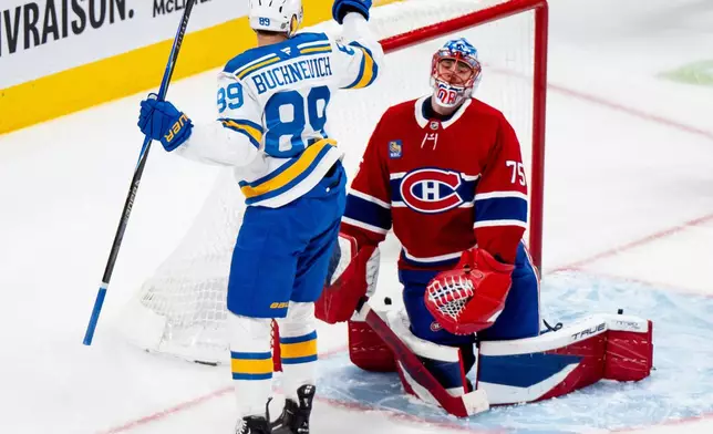 St. Louis Blues' Pavel Buchnevich (89) celebrates after scoring against Montreal Canadiens goaltender Jakub Dobes (75) during second-period NHL hockey game action in Montreal, Sunday, Dec. 7, 2025. (Christopher Katsarov/The Canadian Press via AP)