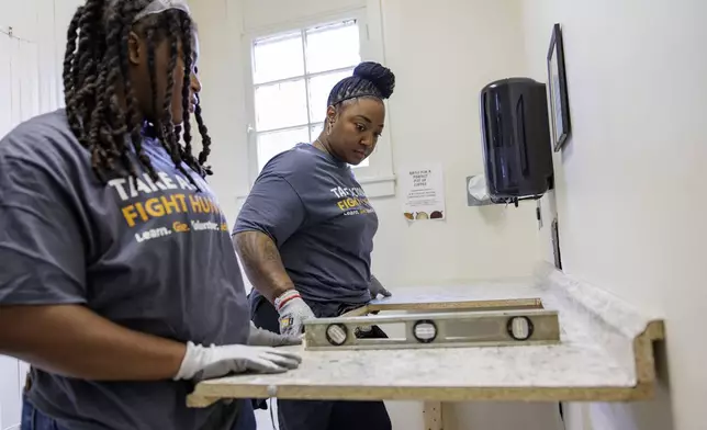 GE Appliances employees measuring and leveling countertops during Hunger Action Month. (Photo: GE Appliances, a Haier company)