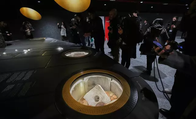 Ancient Roman finds backing to the 2nd century BC are on display in the 'Colosseo' new subway station, designed as a museum to showcase the archaeological finds uncovered during its construction, in Rome, Tuesday, Dec. 16, 2025. (AP Photo/Alessandra Tarantino)
