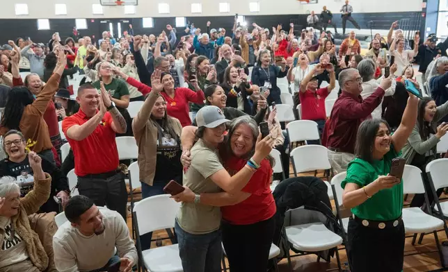 People celebrate after passage of the National Defense Authorization Act by the U.S. Senate during a watch party hosted by the Lumbee Tribe of North Carolina, Wednesday, Dec. 17, 2025, in Pembroke, N.C. (AP Photo/Allison Joyce)