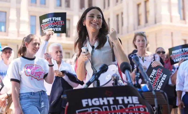 FILE - Texas state Rep Gina Hinojosa speaks during a rally to protest against redistricting hearings at the Texas Capitol, July 24, 2025, in Austin, Texas. (AP Photo/Eric Gay, File)