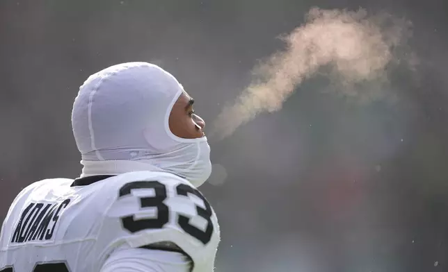 Las Vegas Raiders linebacker Jamal Adams warms up before an NFL football game against the Philadelphia Eagles on Sunday, Dec. 14, 2025, in Philadelphia. (AP Photo/Matt Rourke)