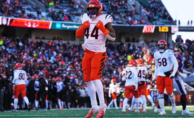Cincinnati Bengals linebacker Demetrius Knight Jr. (44) celebrates after a sack against Baltimore Ravens quarterback Lamar Jackson during the first half of an NFL football game, Sunday, Dec. 14, 2025, in Cincinnati. (AP Photo/Jeff Dean)