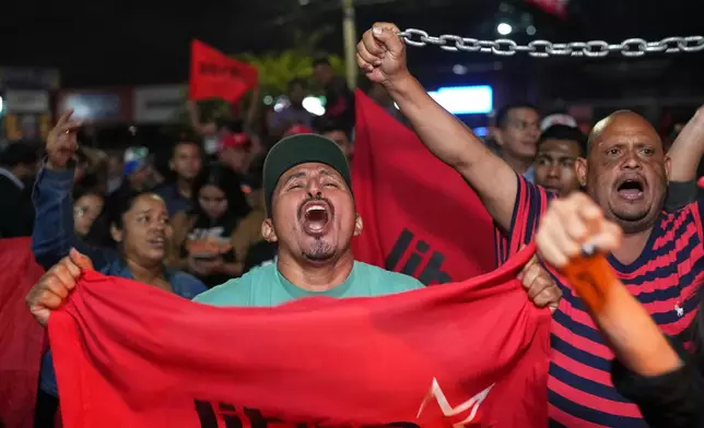 Supporters of the party LIBRE, Liberty and Refoundation, protest the general election results in Tegucigalpa, Honduras, Tuesday, Dec. 9, 2025. (AP Photo/Moises Castillo)
