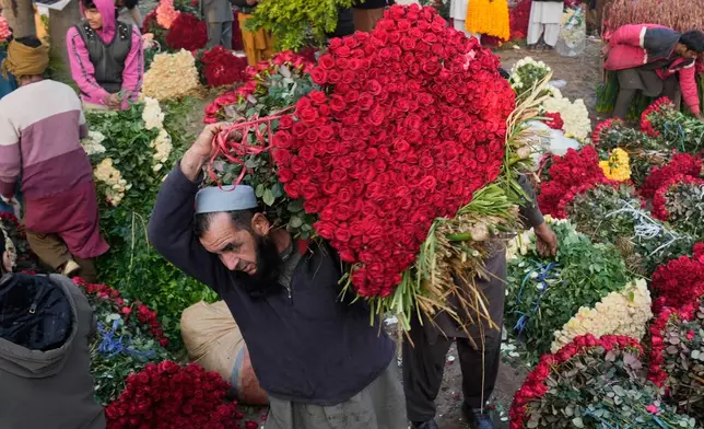 A vendor carries a bundle of red roses at a wholesale flower market in Lahore, Pakistan, Sunday, Dec. 7, 2025. (AP Photo/K.M. Chaudary)