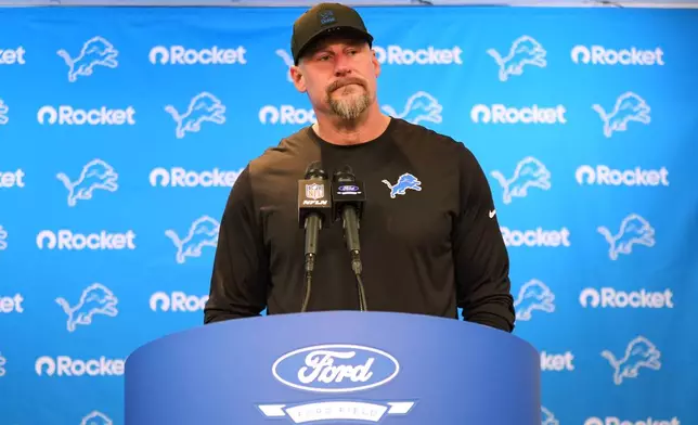 Detroit Lions head coach Dan Campbell speaks during a news conference after an NFL football game against the Pittsburgh Steelers, Sunday, Dec. 21, 2025, in Detroit. (AP Photo/Ryan Sun)
