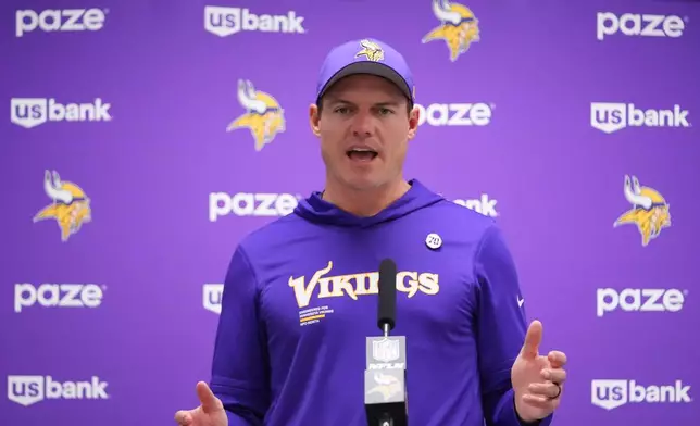 Minnesota Vikings head coach Kevin O'Connell speaks during a news conference after an NFL football game against the Dallas Cowboys Sunday, Dec. 14, 2025, in Arlington, Texas. (AP Photo/Julio Cortez)