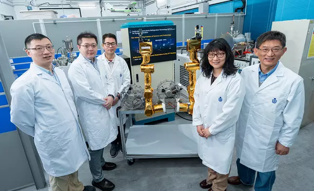 A group photo of five HKUST scholars who are leading the international "Hong Kong Operation Robot" project. From left to right: Prof. Walter WANG Zhe, Associate Professor of the Department of Civil and Environmental Engineering; Prof. DUAN Molong, Assistant Professor of the Department of Mechanical and Aerospace Engineering; Prof. SHI Ling, a Professor in both the Department of Electronic and Computer Engineering and the Department of Chemical and Biological Engineering; Prof. GAO Yang, Professor of the Department of Mechanical and Aerospace Engineering and Prof. SUN Qingping, Chair Professor of the Department of Mechanical and Aerospace Engineering.