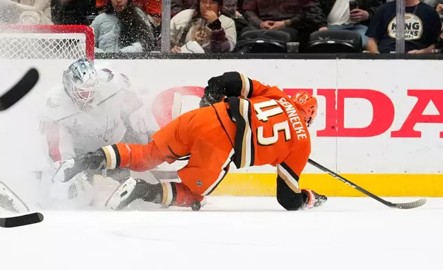 Anaheim Ducks right wing Beckett Sennecke, right, tries to score on Washington Capitals goaltender Logan Thompson during the second period of an NHL hockey game Friday, Dec. 5, 2025, in Anaheim, Calif. (AP Photo/Mark J. Terrill)