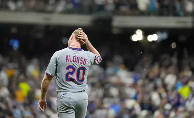 FILE - New York Mets' Pete Alonso reacts during a baseball game against the Milwaukee Brewers, Saturday, Aug. 9, 2025, in Milwaukee. (AP Photo/Aaron Gash, File)