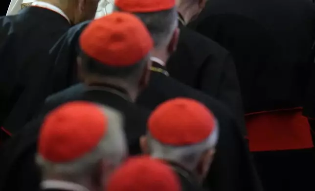 FILE - Pope Leo XIV leaves at the end of awarding ceremony of the Ratzinger prize in the Paul VI Hall, at the Vatican, Friday, Dec. 12, 2025. (AP Photo/Alessandra Tarantino, File)