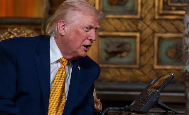 President Donald Trump speaks during a NORAD, North American Aerospace Defense Command, Tracks Santa Operation call at his Mar-a-Lago club, Wednesday, Dec. 24, 2025, in Palm Beach, Fla. (AP Photo/Alex Brandon)