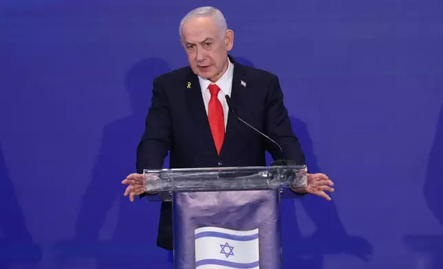 Israeli Prime Minister Benjamin Netanyahu speaks during a joint press conference after a trilateral meeting with Cyprus President Nikos Christodoulides and Greek Prime Minister Kyriakos Mitsotakis at the Citadel of David Hotel in Jerusalem, Monday Dec. 22, 2025. (Abir Sultan/Pool Photo via AP)