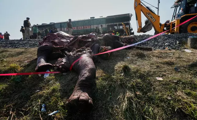 A carcass of an Asiatic wild elephant being removed from a railway track after a speeding train hit a heard of wild elephant in the early morning in Changjurai village east of Guwahati, India, Saturday, Dec. 20, 2025. (AP Photo/Anupam Nath)