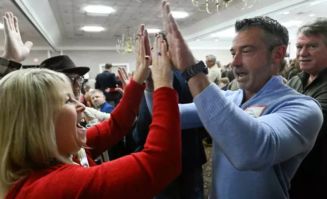 Cindy Perry, left, and Perry Keenan celebrate a county being called during an election night watch party for Republican candidate Matt Van Epps who is running in a special election for U.S. seventh congressional district seat, Tuesday, Dec. 2, 2025, in Nashville, Tenn. (AP Photo/John Amis)