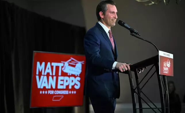 Republican candidate Matt Van Epps speaks to supporters at a watch party after announcing victory in a special election for the U.S. seventh congressional district, Tuesday, Dec. 2, 2025, in Nashville, Tenn. (AP Photo/John Amis)