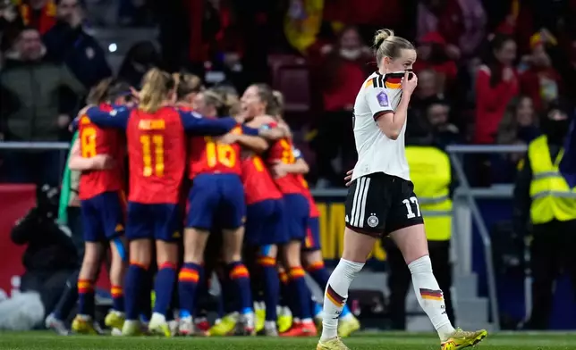 Germany's Franziska Kett reacts after Spain's Claudia Pina scored the opening goal during the Women's Nations League final soccer match between Spain and Germany in Madrid, Tuesday, Dec. 2, 2025. (AP Photo/Manu Fernandez)