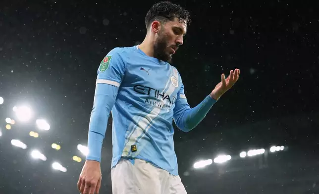 Manchester City's Rayan Cherki during the English League Cup soccer match between Manchester City and Brentford in Manchester, England, Wednesday, Dec. 17, 2025. (AP Photo/Jon Super)