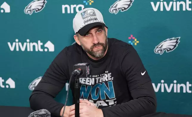 Philadelphia Eagles head coach Nick Sirianni talks to the media during a news conference following an NFL football game against the Washington Commanders, Saturday, Dec. 20, 2025, in Landover, Md. (AP Photo/Stephanie Scarbrough)