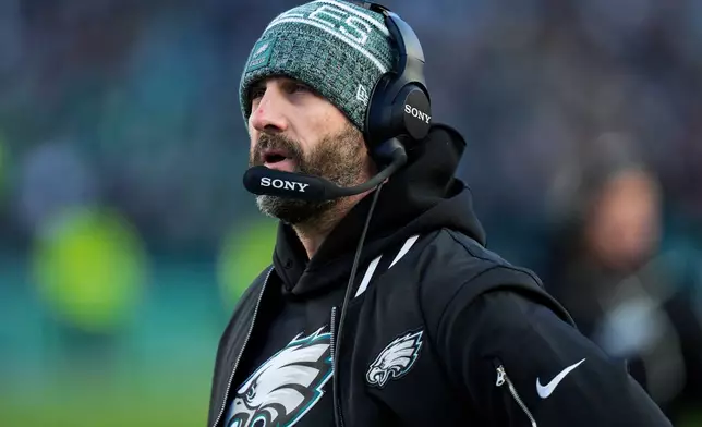 Philadelphia Eagles head coach Nick Sirianni stands on the sidelines during the first half of an NFL football game against the Chicago Bears, Friday, Nov. 28, 2025, in Philadelphia. (AP Photo/Chris Szagola)