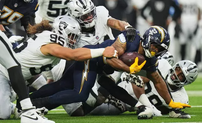 Los Angeles Chargers running back Jaret Patterson (32) is tackled by Las Vegas Raiders defensive tackle Leki Fotu (95) during the second half of an NFL football game, Sunday, Nov. 30, 2025, in Inglewood, Calif. (AP Photo/Jae C. Hong)