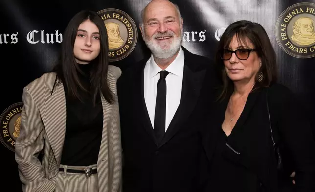 ADDITION ADDS MAIDEN NAME: FILE - Rony Reiner, left, Rob Reiner and Michele Singer Reiner attend the Friars Club Entertainment Icon Award ceremony honoring Billy Crystal at the Ziegfeld Ballroom, Nov. 12, 2018, in New York. (Photo by Charles Sykes/Invision/AP, File)