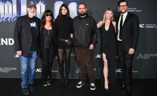Rob Reiner, from left, Michele Singer Reiner, Romy Reiner, Nick Reiner, Maria Gilfillan, and Jake Reiner arrive at the premiere of "Spinal Tap II: The End Continues" on Tuesday, Sept. 9, 2025, at The Egyptian Theatre Hollywood in Los Angeles. (Photo by Richard Shotwell/Invision/AP)