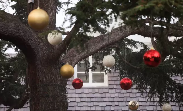 Christmas decorations hang from a tree on the front yard to Rob Reiner's residence Monday, Dec. 15, 2025, in the Brentwood section of Los Angeles. (AP Photo/Caroline Brehman)