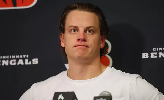Cincinnati Bengals quarterback Joe Burrow pauses as he speaks during a news conference after an NFL football game against the Buffalo Bills Sunday, Dec. 7, 2025, in Orchard Park, N.Y. (AP Photo/Jeffrey T. Barnes)